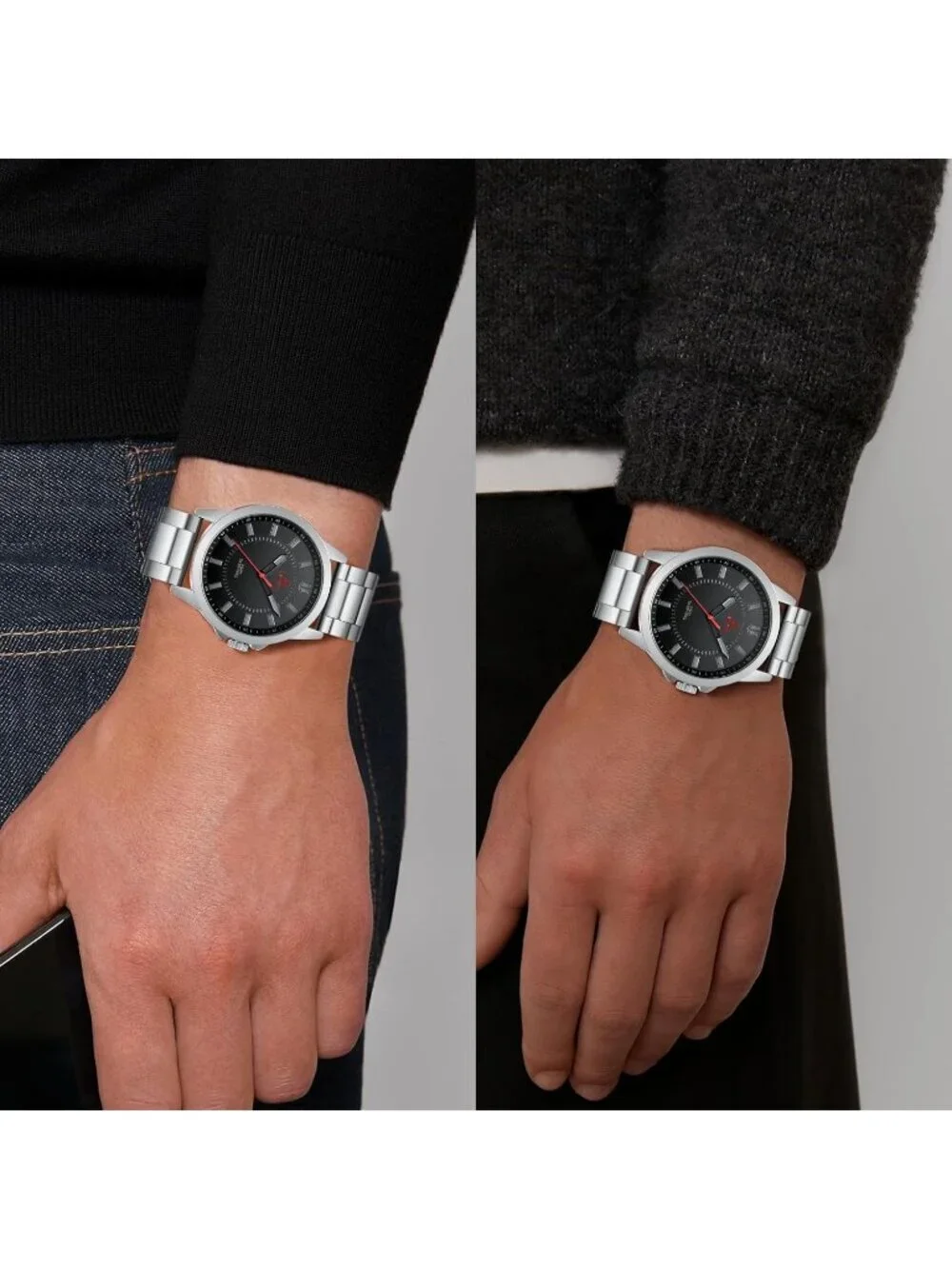 Men's Silver And Black Waterproof Stainless Steel Analog Quartz Luxury Watch